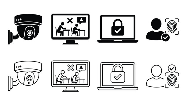 Set of proctoring icons, online exam monitoring, remote testing, digital security, surveillance camera, identity verification, vector illustration