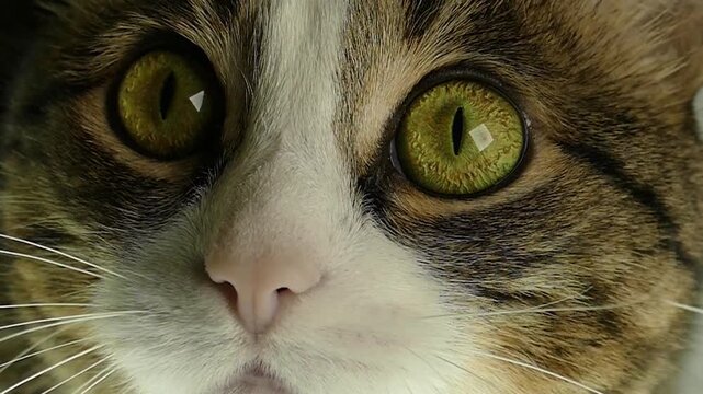 Extreme macro close up of tabby cat face showing green eye, nose, and whiskers. Detailed feline portrait looking at camera.