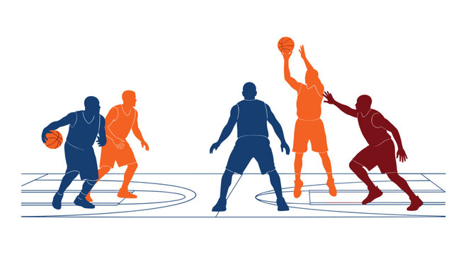 Professional basketball players demonstrating various offensive and defensive techniques on a detailed court court floor with vibrant colored jerseys and basketballs.