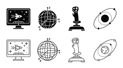 Set of space and flight simulation icons, including rocket on monitor, 3d coordinate system, joystick controller, and orbital path around planet, vector illustration © PixelAura_Studio