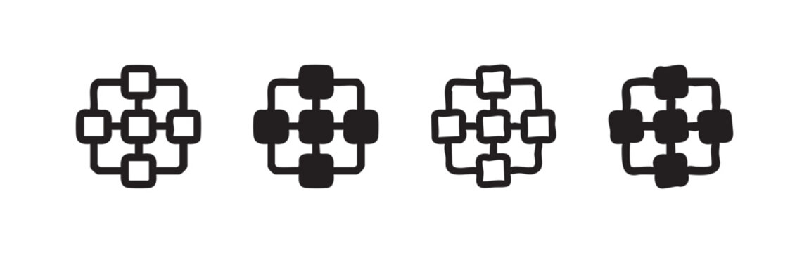 Set of four icons: interconnected squares, outlined and solid black versions.