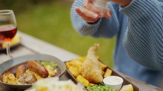 Woman sprinkles salt onto golden fried fish and chips outdoors on a wooden table