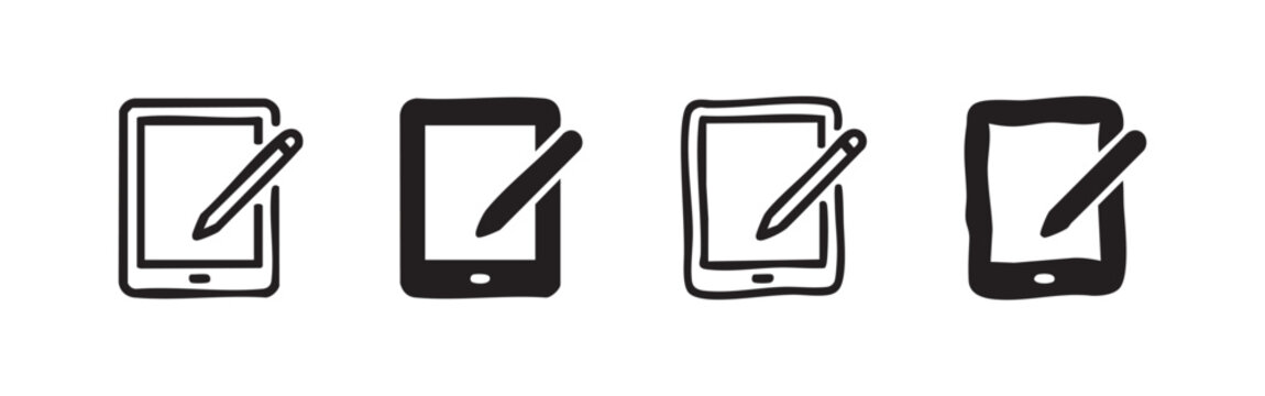 Set of four icons: smartphone with stylus, outlined and solid black versions.