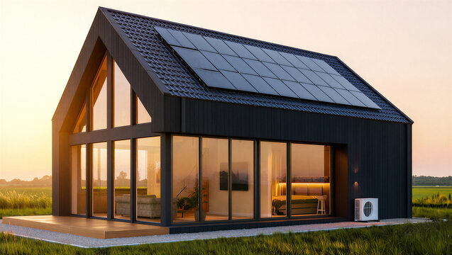 Modern sustainable black house with solar panels and heat pump in rural landscape at sunset
