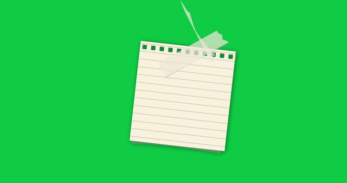 Lined note sheets of paper, rip piece with torn adges. Animated paper pieces with sticky tape stuck on green. Blank mockup for text for presentation, advertising, website. 4K video graphic