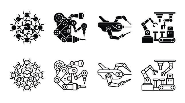 Robotics and automation glyph icons set industrial robot arm, swarm intelligence, automated factory, and specialized robots
