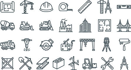 Construction and Engineering Line Icons Set with Building Tools Machinery and Industrial Equipment Symbols © Radiance