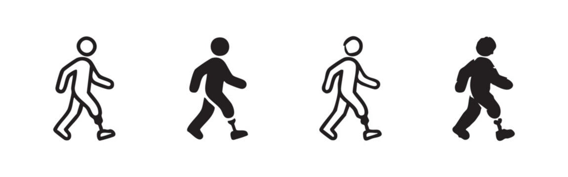 Person with prosthetic leg walking icons set. Disability, rehabilitation, and assistive technology concept.