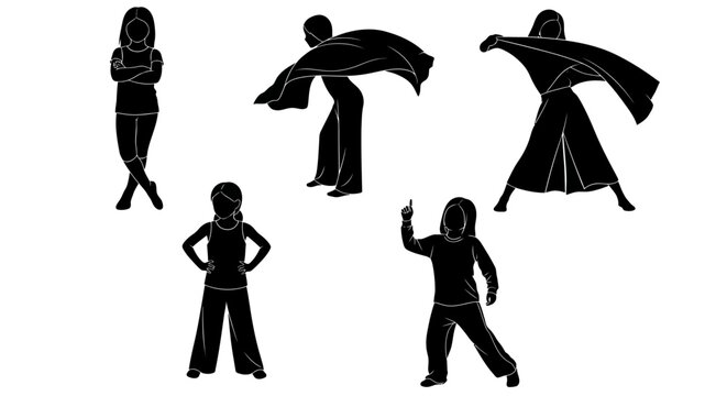 Set of child superhero silhouettes in dynamic poses on white background