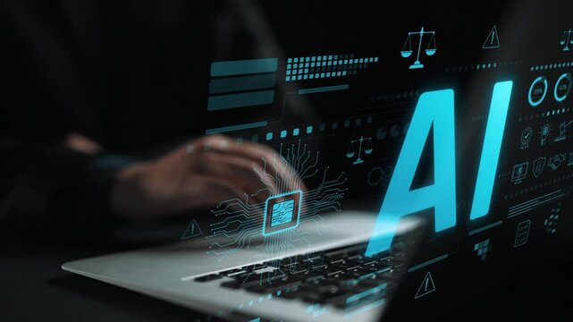 AI circuit microchip with glowing blue lines, surrounded by legal scales, warning symbols, data sheets, and binary codes, representing ethical AI, AI governance, and data integrity Marrow