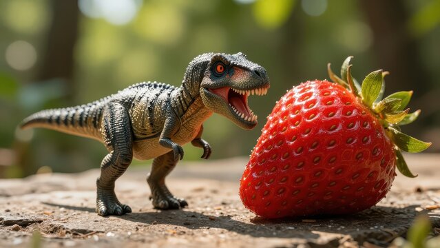 Dinosaur Toy Near Bright Red Strawberry on Stone