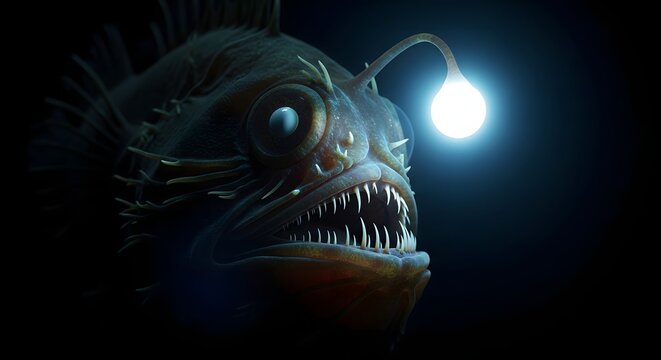 Close up of deep sea anglerfish with glowing lure in dark abyss.