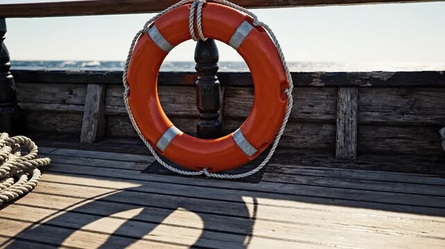Lifebuoy on a wooden boat deck, a safety device for maritime rescue and water activities