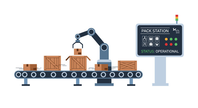 A single dark blue robotic arm packs small boxes into wooden crates on a conveyor line near a status screen at an operational packaging station in a facility.