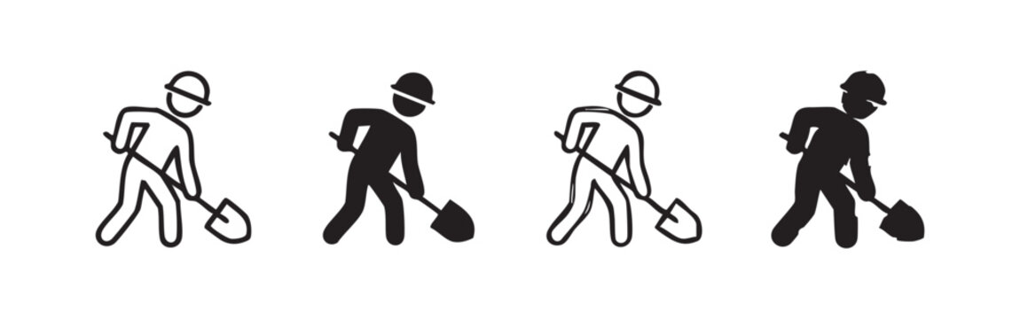 Construction worker digging icon set with shovel