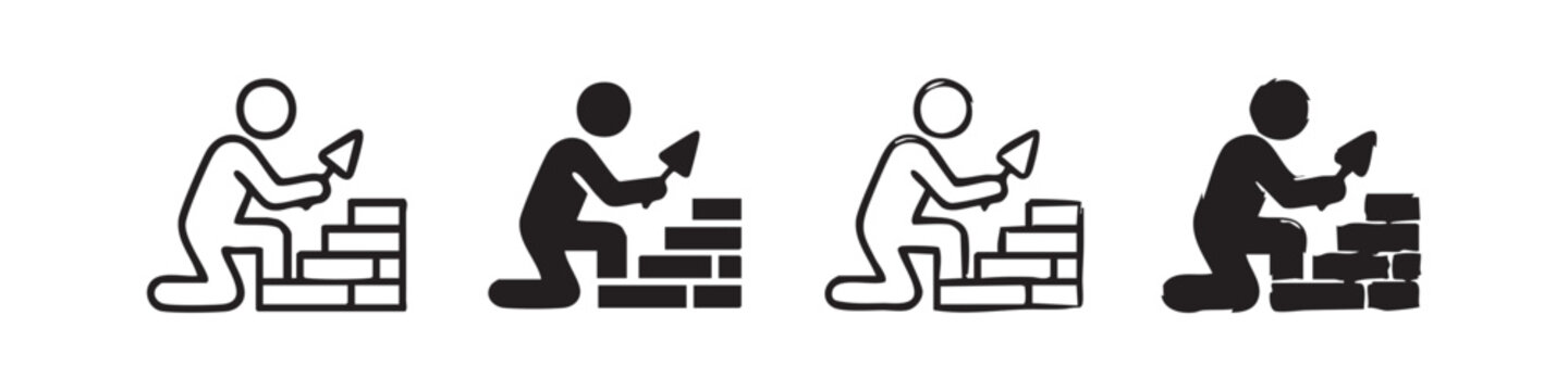 Bricklayer icon set building a wall