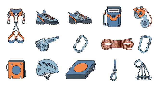 Climbing Gear Set Vector Illustration: Harness, Helmet, Shoes, Rope, Carabiners