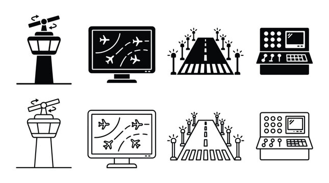Air traffic control and airport icons set vector illustration of atc tower, radar screen, runway with lights, and control console in solid and outline styles