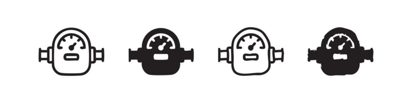 Set of four water or gas meter icons, with different artistic styles for measurement and utilities.