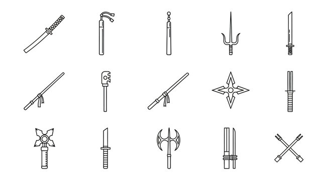 Collection of Japanese Samurai and Ninja Weapons Icons, Vector Line Art