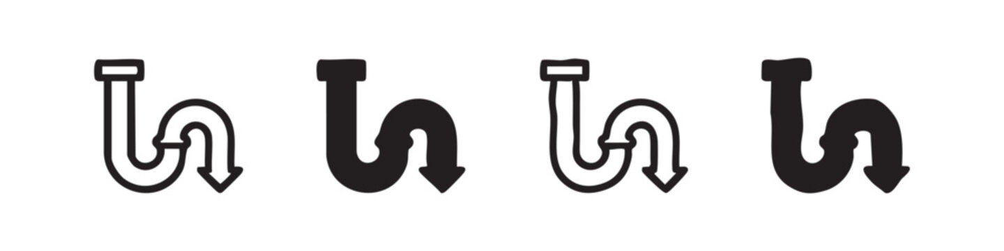 Set of four pipe trap icons, showing a P-trap or S-trap for plumbing, with different styles.