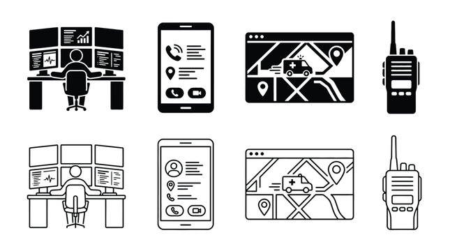 Emergency dispatch center icons set, including operator at computer, mobile communication, ambulance tracking on map, and walkie talkie radio, vector illustration