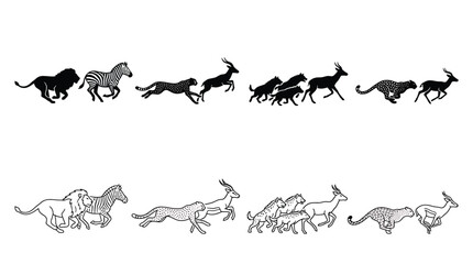Set of wild african animals running, including lions, zebras, cheetahs, hyenas, and antelopes, silhouettes and line art illustrations © PixelAura_Studio