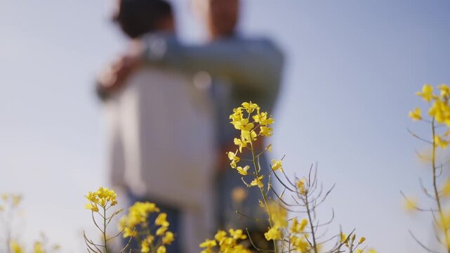 A couple embraces affectionately amidst vibrant yellow rapeseed flowers on a sunny day.