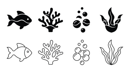 Fototapeta premium Set of underwater icons, fish, coral, bubbles and seaweed, vector illustration