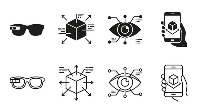 Augmented reality and virtual reality icon set featuring smart glasses, 3d cube modeling, eye tracking technology, and mobile ar smartphone interface vector illustration for tech and innovation design