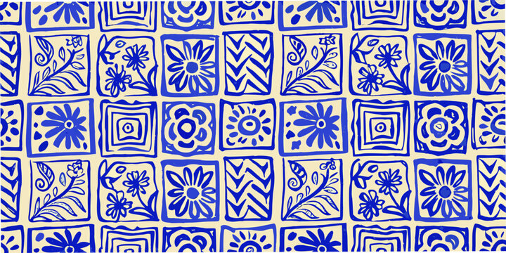 blue floral pattern seamless block print design on beige background