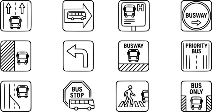 Public Transportation Bus Lane and Stop Signs Line Art Icon Set for Road and Traffic Regulation Glyph Collection