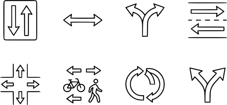 Transportation and Traffic Navigation Direction Arrows Line Art Icons. Outline Symbols for Roads, Junctions, and Movement.