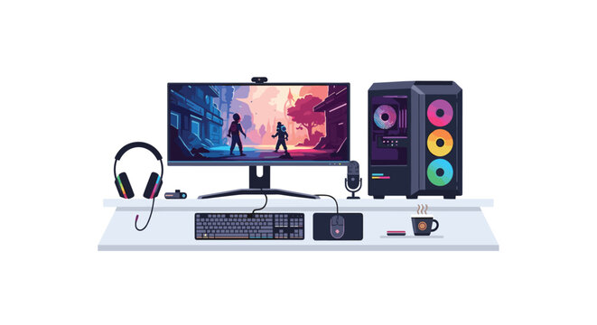 A clean workstation configuration includes a widescreen monitor displaying digital artwork, a keyboard, a computer mouse on a pad, and a microphone on a small desk stand.