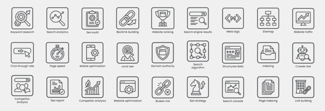 SEO and search engine optimization line icon set: vector pictograms of keyword research, search analytics, SEO audit, backlink building, website ranking, search engine results, meta tags, and more.