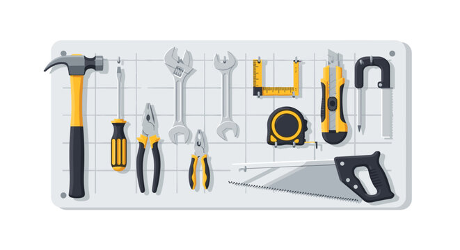 Various hand tools including a hammer, saw, and tape measure are hung systematically on a grey pegboard wall in a workshop environment with muted neutral color tones.