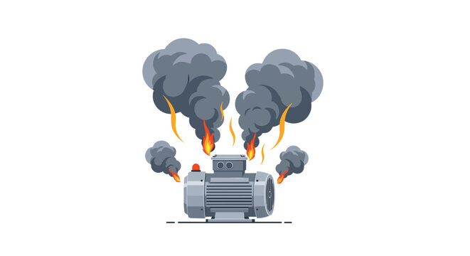 A heavy industrial electric motor experiences a severe mechanical failure characterized by thick dark smoke and bright orange flames emerging from the unit top surface.