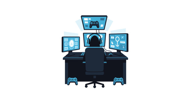An immersive gaming setup features a centered player surrounded by multiple blue-themed monitor screens on a sleek dark desk with handheld game controllers positioned at base.