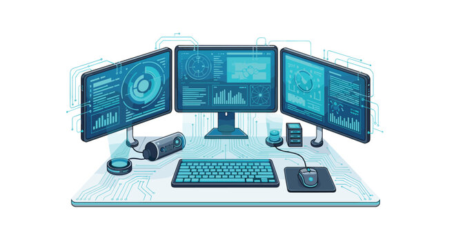 A high-tech control station featuring three monitors with advanced data visualizations and glowing schematic lines is arranged on a flat desk surface in a bright room.
