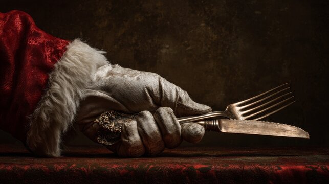 Santa holds silverware in gloved hand during holiday meal preparation at night