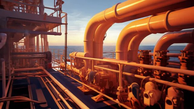 Offshore oil rig platform featuring a complex network of industrial pipelines and machinery set against a dramatic ocean sunset, symbolizing energy production and infrastructure