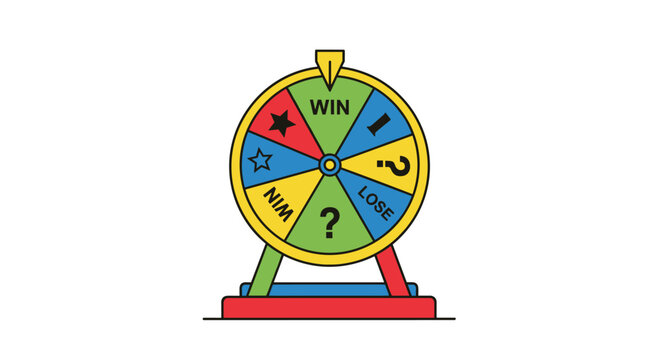 A colorful circular prize wheel with segments labeled win lose and nim sits on a red stand featuring a top pointer and various question mark symbols.