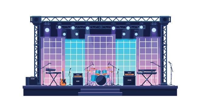 A complete concert stage setup with drums, electric guitars, and keyboards sits beneath a black metal overhead truss system under bright stage lighting.