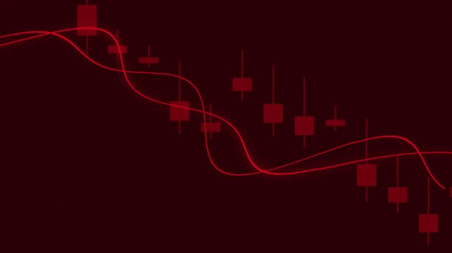 Digital Candlestick Chart. Moving Banner With Financial Chart And Diagram Stock Market Graph Trending Downward With Red And White Candlesticks On A Black Background