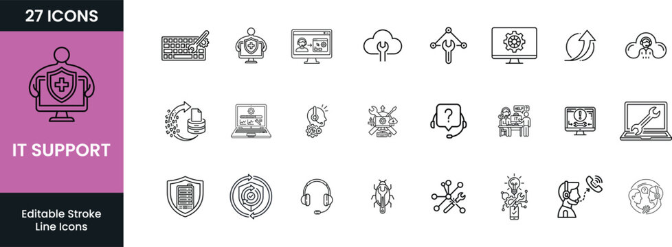  &ldquo; IT Support Glyph Icon set &rdquo; black and white minimal Headset, Computer Monitor, Help Desk, Settings Gear Liner vector illustration on white background.
