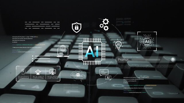Modern Technology Concept with AI Chip on a Keyboard Surrounded by Digital Icons Representing Innovation, Security, and Connectivity in the Future Gluon.