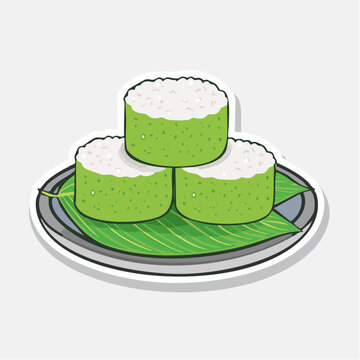 Illustration of Kue Putu Bambu on a Plate with Banana Leaves