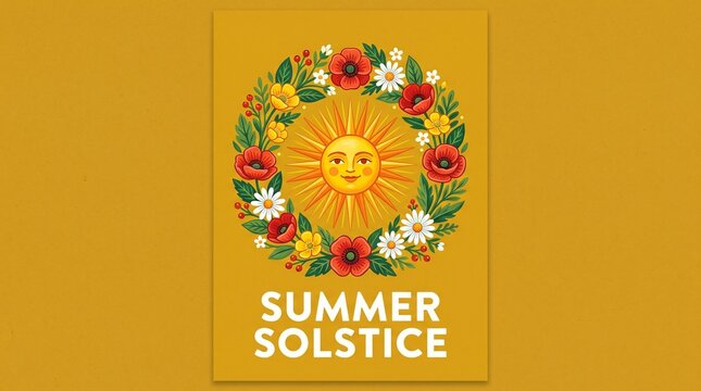 Summer Solstice Greeting Card with Sun Face and Floral Wreath Vector, Midsummer Celebration Poster with Folk Art Sun and Wildflowers on Yellow Background
