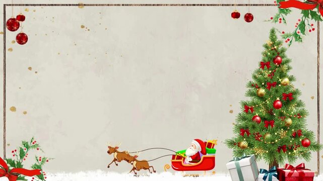 Christmas Eve Santa Claus Sleigh Ride with Reindeer and Decorated Tree.