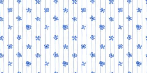 Fototapeta premium Watercolour seamless blue floral pattern with small flowers on white background. Hand drawn ditsy print for textiles, wallpaper, and fabric designs